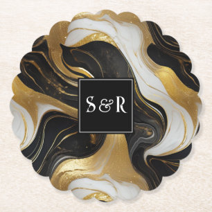 Posavasos De Papel Monograma Faux Gold, Black & White Marble Boda