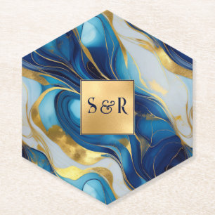 Posavasos De Papel Monograma Faux Gold, Blue and White Marble Boda