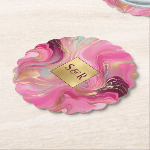 Posavasos De Papel Monograma Faux Gold y Boda de Marble Rosa