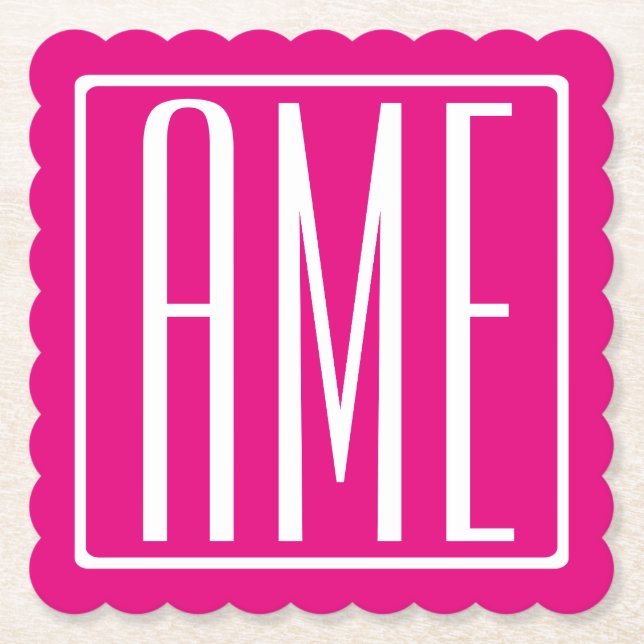 Posavasos De Papel Monograma inicial | Blanco Sobre Rosa Caliente (Anverso)