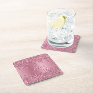 Posavasos De Papel Monograma Purpurina de goteo rosado metálico Girly