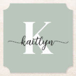 Posavasos De Papel Monograma verde sabio<br><div class="desc">Estos elegantes y sencillos embutidos de papel estilo boleto verde sabio con tu nombre en un tipo de letra de guión moderno en negro y tu primera versión inicial en un tipo de letra moderno en blanco son perfectos para mantener tus mesas y mostradores libres de anillos de agua. Absorben...</div>