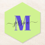 Posavasos De Papel Monogramas personalizados lima y púrpura<br><div class="desc">Cáscaras monográficas personalizadas con doble color lima y púrpura. Presenta el primer nombre y el último primer guión en flowy sobre la tipografía en negrita de serif. ¡Acentúe su decoración con las galas personalizados!</div>