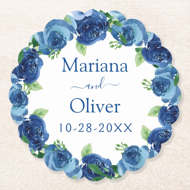 Posavasos De Papel Montura de papel Boda floral azul de la marina (Anverso)