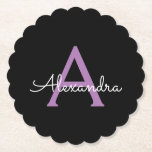 Posavasos De Papel Morado Black Script Girly Monograma Nombre<br><div class="desc">Máster de papel de monograma con escritura simple negra y púrpura. Esto hace que la graduación perfecta, el cumpleaños, el boda, la ducha de novia, el aniversario, la ducha de bebé o la fiesta de soltera sea un regalo para alguien que ama el lujo glam y los estilos de moda....</div>