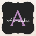 Posavasos De Papel Morado Black Script Girly Monograma Nombre<br><div class="desc">Máster de papel de monograma con escritura simple negra y púrpura. Esto hace que la graduación perfecta, el cumpleaños, el boda, la ducha de novia, el aniversario, la ducha de bebé o la fiesta de soltera sea un regalo para alguien que ama el lujo glam y los estilos de moda....</div>