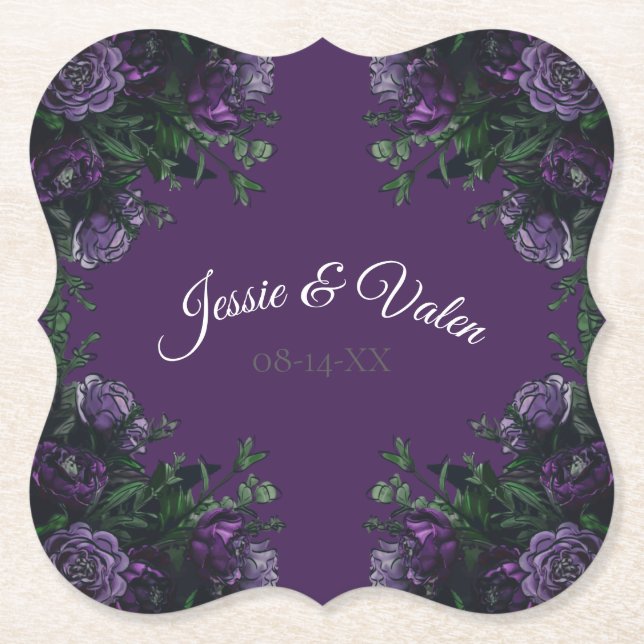 Posavasos De Papel Morado Floral Elegante Boda Gótica (Anverso)
