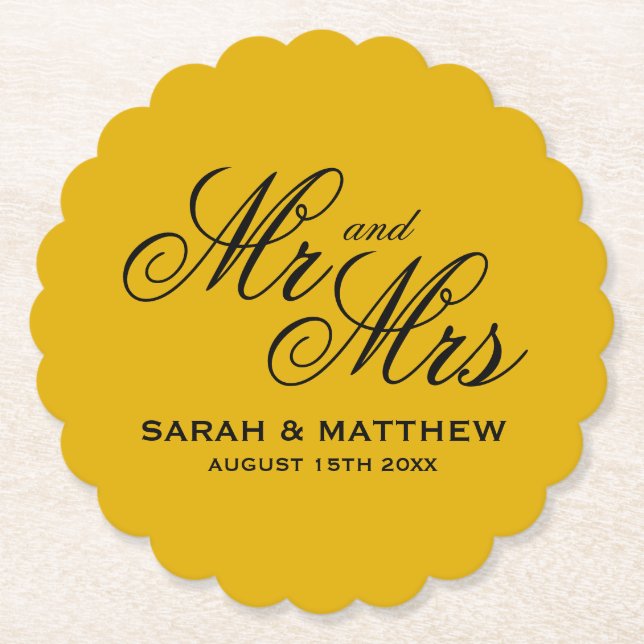Posavasos De Papel Mustard yellow personalized wedding coasters (Anverso)