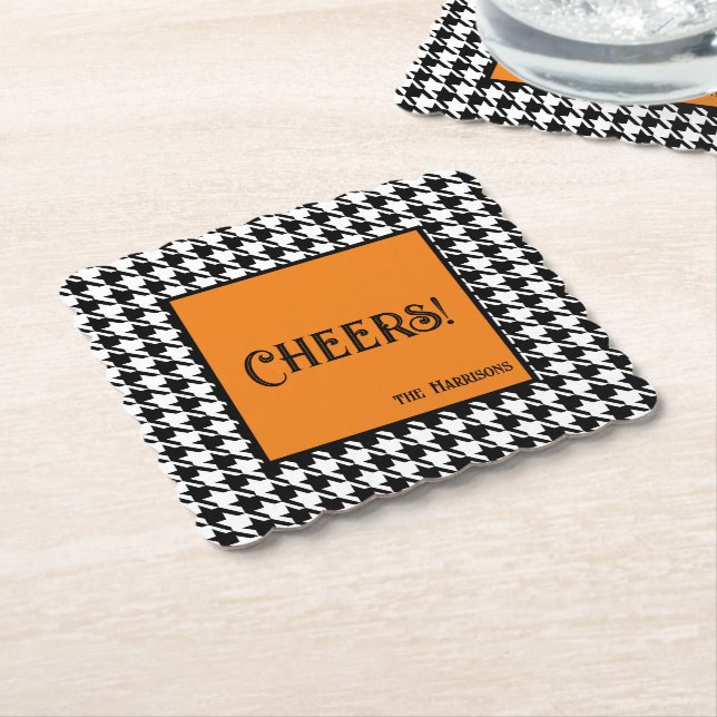 Posavasos De Papel Name & Cheers! Orange Black White Houndstooth  (En perspectiva)