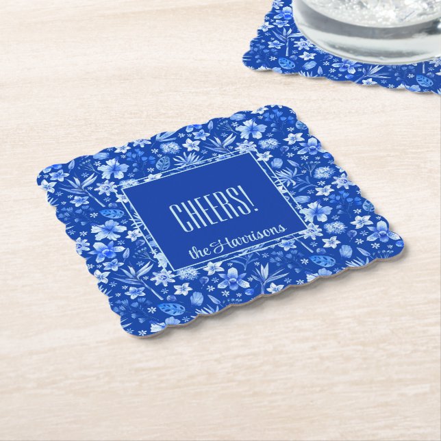 Posavasos De Papel Name, Cobalt Blue Tropical Flowers & Leaves (En perspectiva)