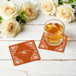 Posavasos De Papel Naranja quemado Shabby Chic Sr. y Sra. Boda Coaste