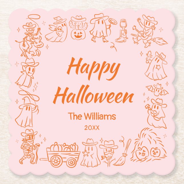 Posavasos De Papel Naranja Rosa Quirky mano dibujó doodles Halloween (Anverso)