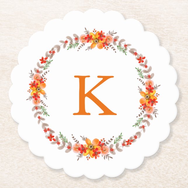 Posavasos De Papel Naranja Tangerina Boda de guirnalda floral Monogra (Anverso)