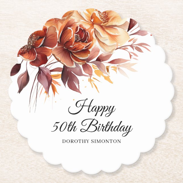 Posavasos De Papel Naranja Terracotta Flores de otoño 50 cumpleaños (Anverso)