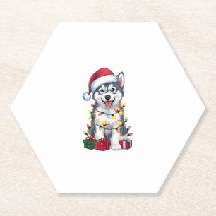 Posavasos De Papel Navidad iluminando Santa Hat Perro Malamute Alaska