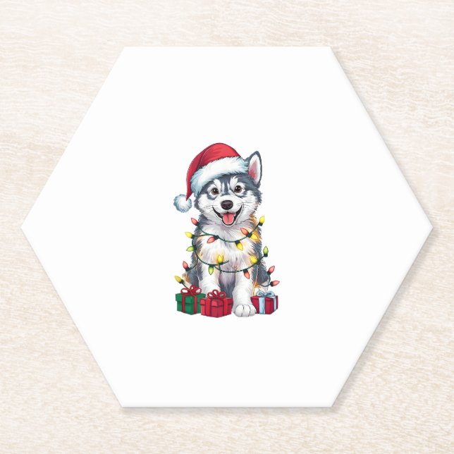 Posavasos De Papel Navidad iluminando Santa Hat Perro Malamute Alaska (Anverso)