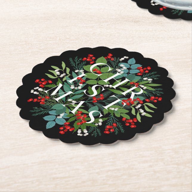 Posavasos De Papel NAVIDADES Berries Greenery Holiday Black (En perspectiva)