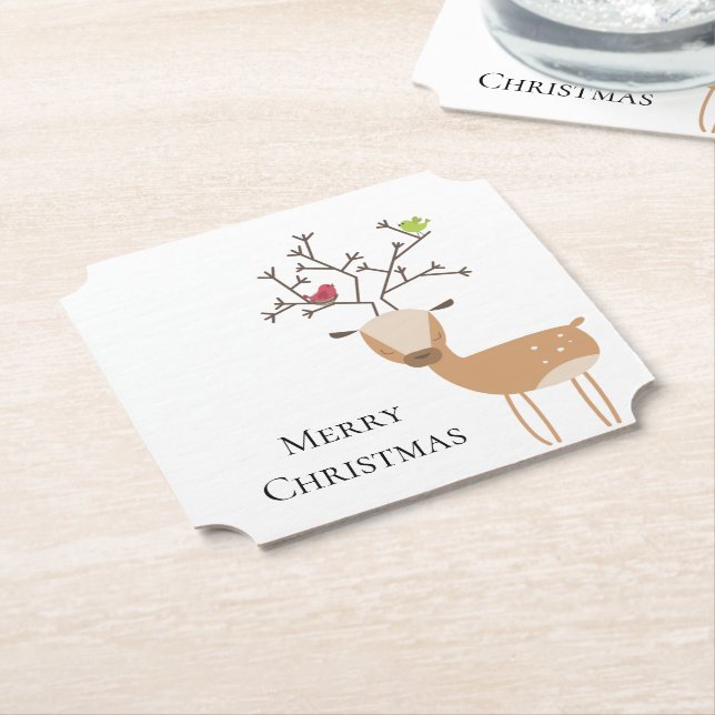 Posavasos De Papel Navidades blancos ciervos con pájaros (En perspectiva)