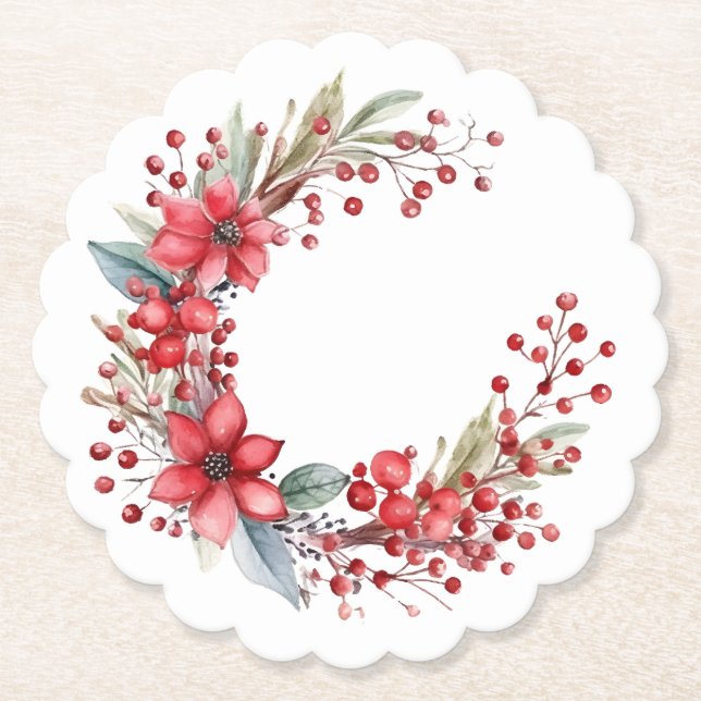 Posavasos De Papel Navidades de acuarela Wreath Poinsettia Holly Berr (Anverso)
