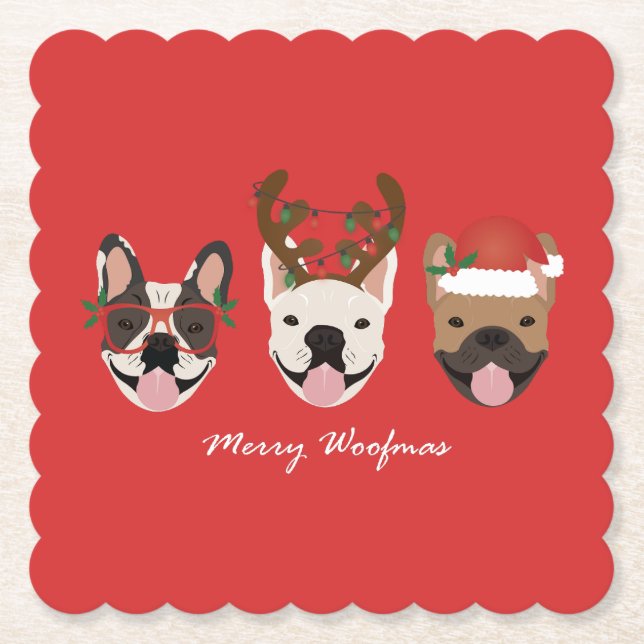 Posavasos De Papel Navidades de Bulldoges franceses de Merry Woofmas (Anverso)