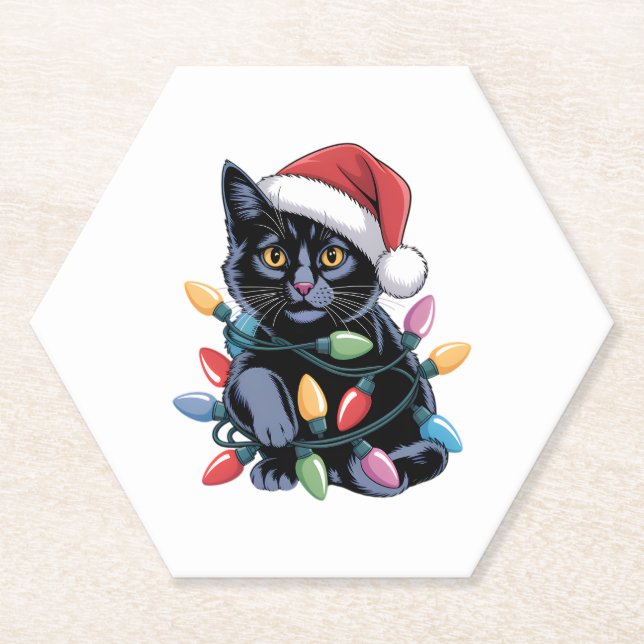 Posavasos De Papel Navidades de gatos negros iluminan a curioso amant (Anverso)