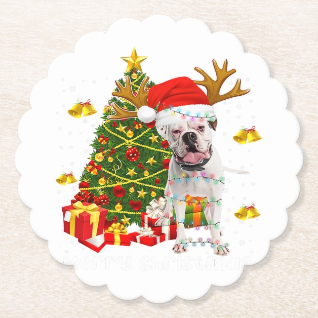 Posavasos De Papel Navidades de perros de boxeo blanco iluminan sombr (Anverso)
