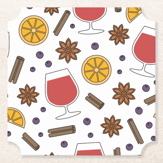 Posavasos De Papel Navidades de vino tinto con doodle de especias (Anverso)