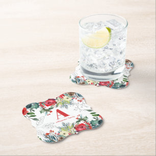 Posavasos De Papel Navidades familia floral elegante rojo monogramado