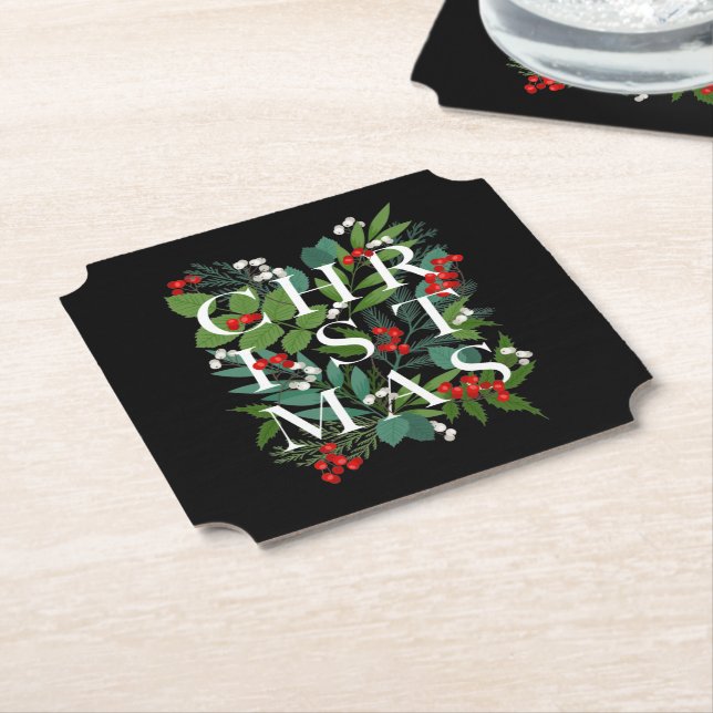 Posavasos De Papel NAVIDADES Greenery Berries Holiday Black (En perspectiva)
