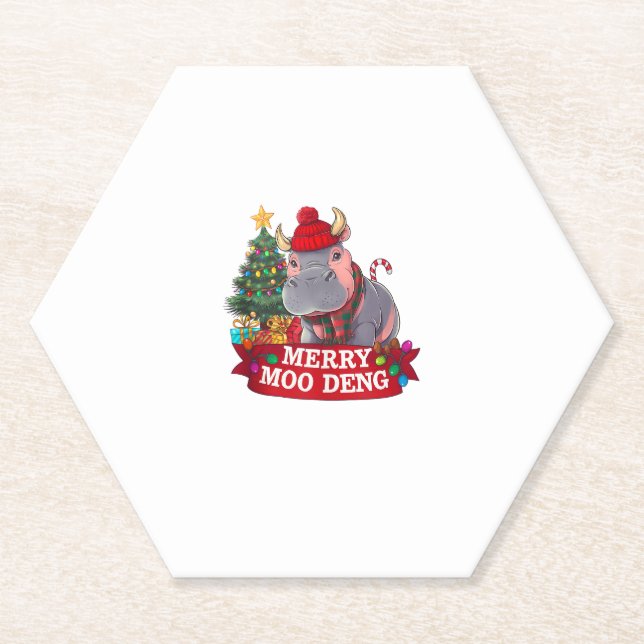 Posavasos De Papel Navidades Merry Moo Deng Cute Baby Hippo Bouncy Xm (Anverso)