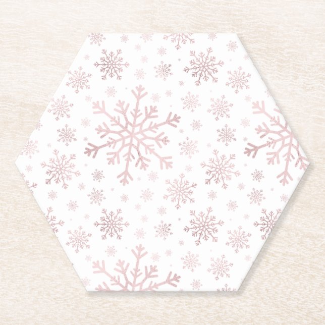 Posavasos De Papel Navidades rosados bonitos con copas de nieve en bl (Anverso)
