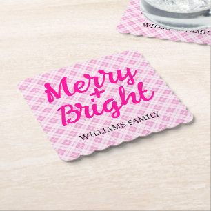 Posavasos De Papel Navidades rosados tartán Merry Bright Nombre de la