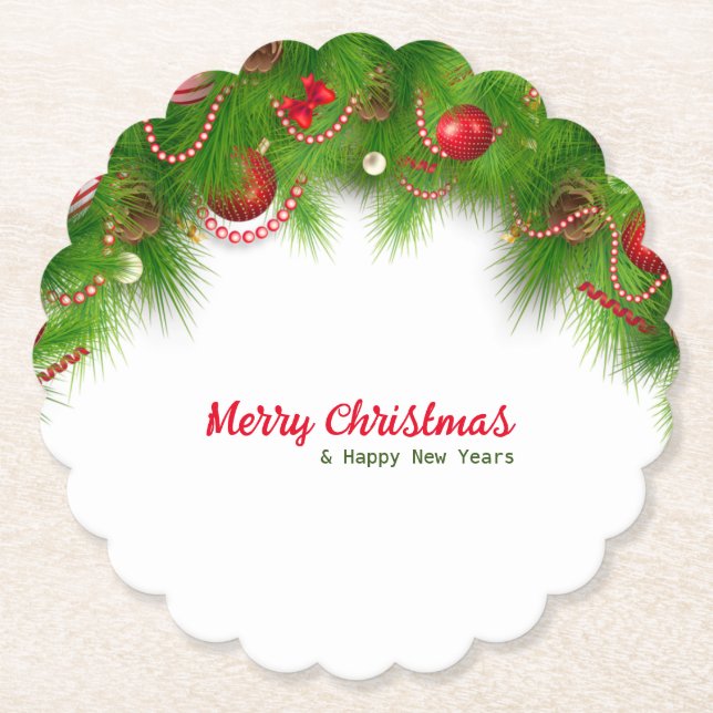 Posavasos De Papel Navidades Wreath y Bombillas rojas, y presentes (Anverso)