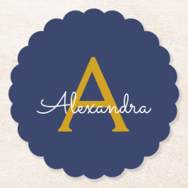 Posavasos De Papel Navy Blue Gold Modern Script Girly Monograma Nombr