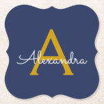 Posavasos De Papel Navy Blue Gold Modern Script Girly Monograma Nombr<br><div class="desc">Monograma con nombres de papel de monograma azul marino y dorado sencillo. Esto hace que la graduación perfecta, el cumpleaños, el boda, la ducha de novia, el aniversario, la ducha de bebé o la fiesta de soltera sea un regalo para alguien que ama el lujo glam y los estilos de...</div>
