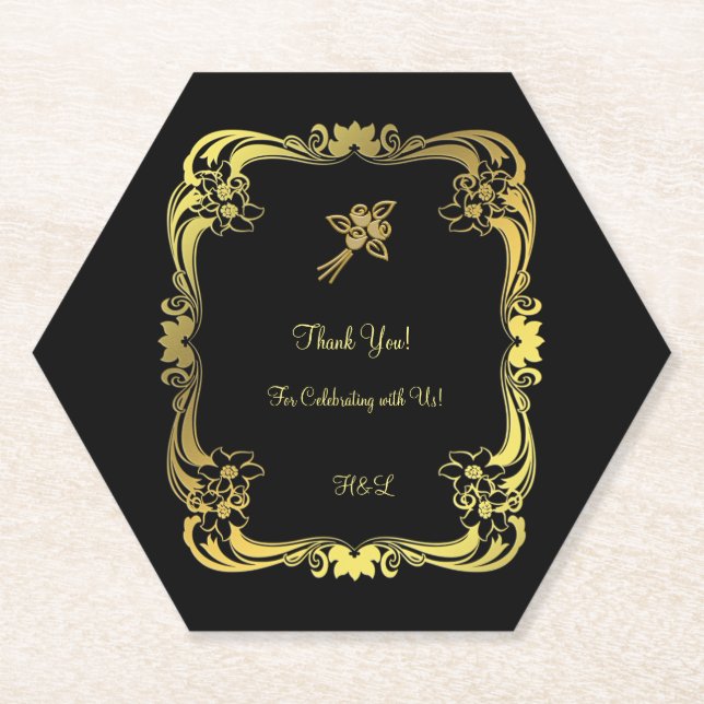 Posavasos de papel negro y dorado (Anverso)