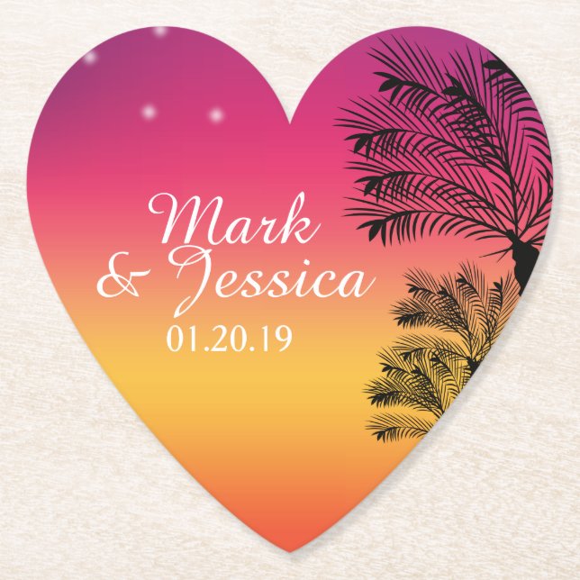 Posavasos De Papel Neon Pink Ombre Tropical Tree Sunset Beach (Anverso)