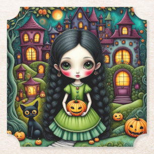 Posavasos De Papel Niña Gótica Adorable Calabaza Pueblo Halloween