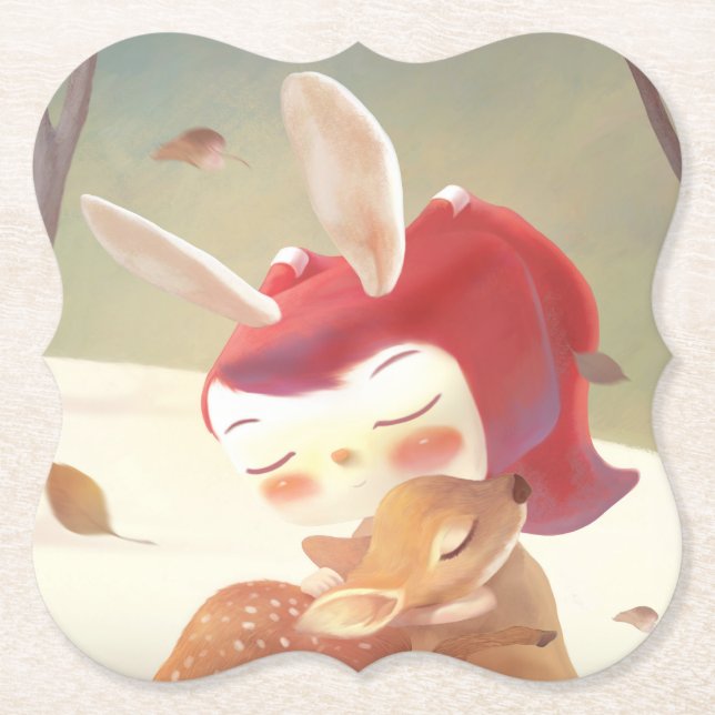 Posavasos De Papel Niña que abraza a ciervo (Anverso)