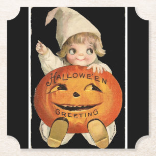 Posavasos De Papel Niña vintage con calabaza de Halloween