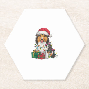 Posavasos De Papel Noches iluminando Santa Hat Shetland Sheepdog Chri