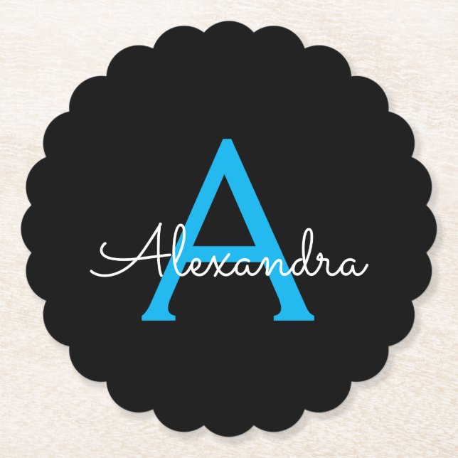 Posavasos De Papel Nombra de monograma de guión azul negro (Anverso)