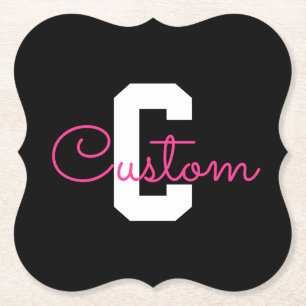Posavasos De Papel Nombre Bonito & Monograma   Negro Blanco & Rosa