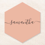 Posavasos De Papel Nombre de caligrafía rosa Rubor personalizado<br><div class="desc">Una montaña rusa de nombres simple y elegante. Usar como una tarjeta de lugar única para el boda</div>