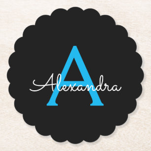 Posavasos De Papel Nombre de monograma de escritura negra azul girato