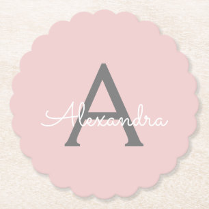 Posavasos De Papel Nombre de monograma moderno de escritura gris rosa