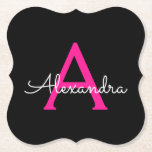 Posavasos De Papel Nombre del Monograma de Giro del Guión Negro Calie<br><div class="desc">Máster de papel con nombres de monograma de escritura simple negro y rosa caliente. Esto hace que la graduación perfecta, el cumpleaños, el boda, la ducha de novia, el aniversario, la ducha de bebé o la fiesta de soltera sea un regalo para alguien que ama el lujo glam y los...</div>