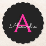 Posavasos De Papel Nombre del Monograma de Giro del Guión Negro Calie<br><div class="desc">Máster de papel con nombres de monograma de escritura simple negro y rosa caliente. Esto hace que la graduación perfecta, el cumpleaños, el boda, la ducha de novia, el aniversario, la ducha de bebé o la fiesta de soltera sea un regalo para alguien que ama el lujo glam y los...</div>