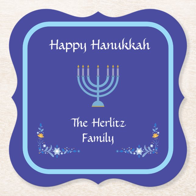 Posavasos De Papel NOMBRE DEL Personalizar Blue HANUKKAH Menorah (Anverso)