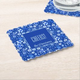 Posavasos De Papel Nombre, Flores y Hojas Tropicales Azul Cobalto